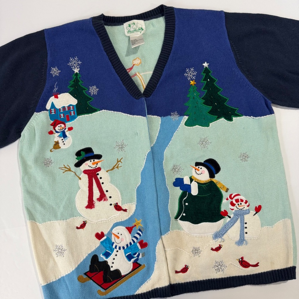 VTG The Quacker Factory Womens Cardigan Sweater 2X Snowman Winter Christmas